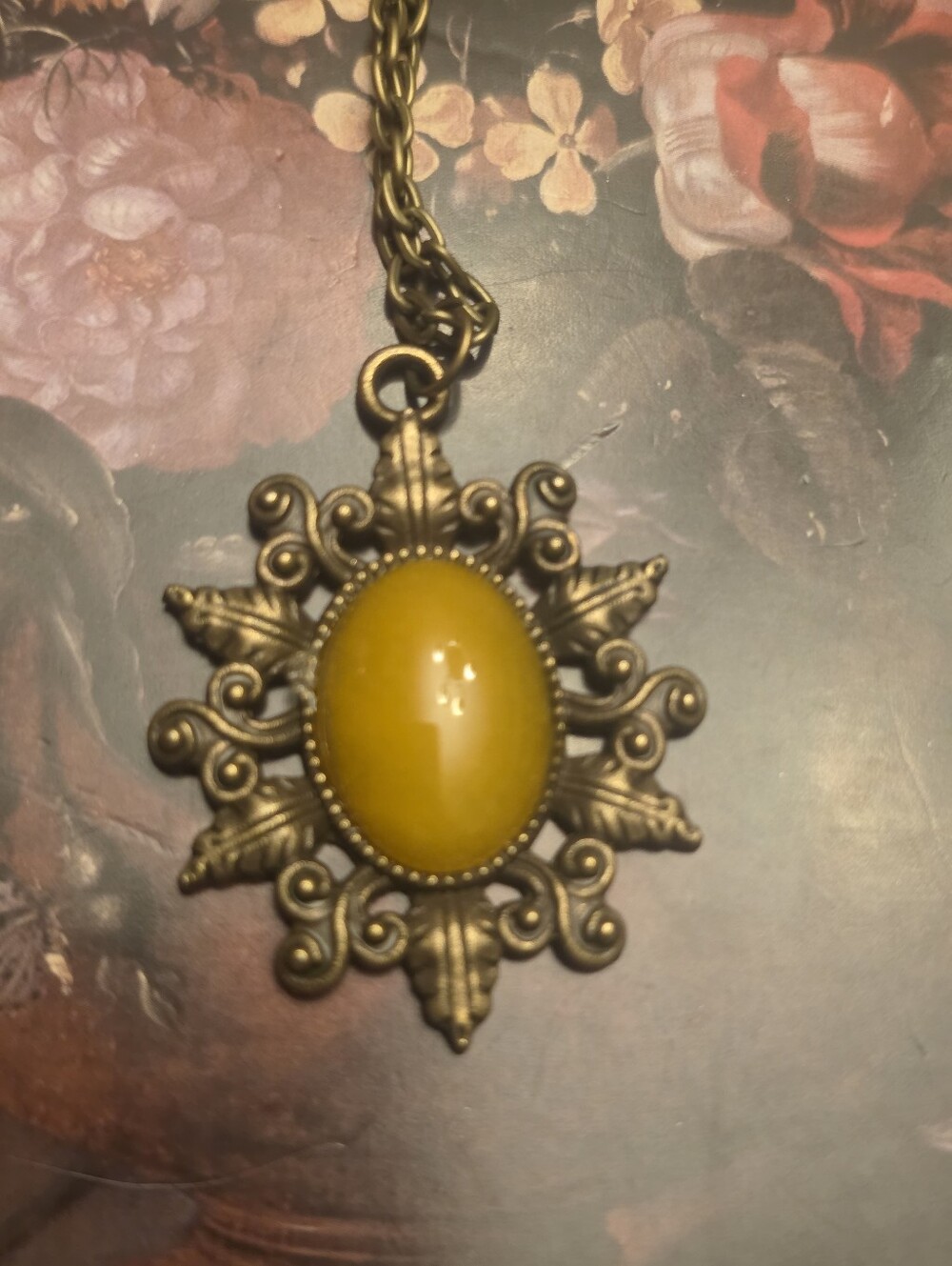 Yellow Pendant Stone Citrine? With Bronze Metal Frame & Chain Necklace